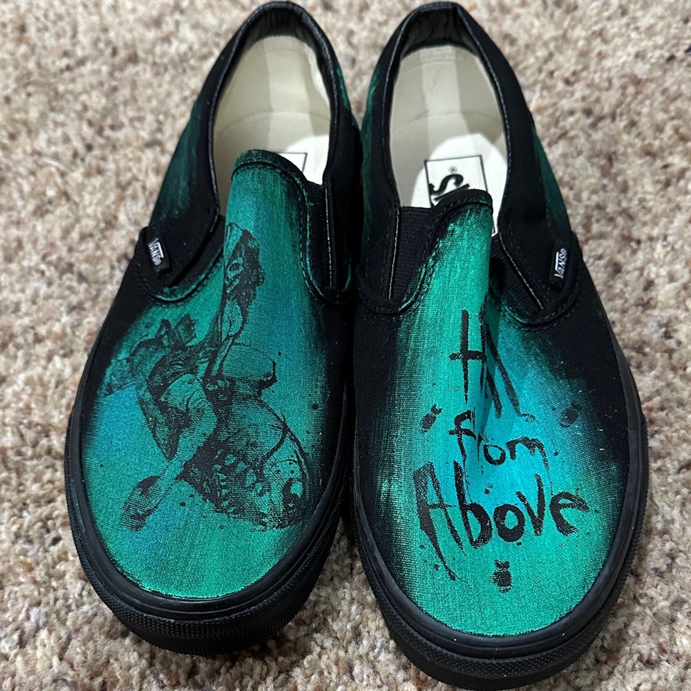 Vans Artistic Black and Teal Slip-Ons